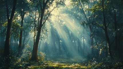 Obraz premium Sunbeams Through Trees in a Misty Forest