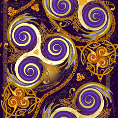 Seamless pattern ornament. Luxury background with ancient golden Celtic triskelion, Celtic knot and triple trickle spiral symbols. Drawing for design, fabric, mural wallpaper. Vector illustration.