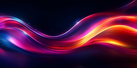 Fototapeta premium Abstract swirling wave of bright pink, orange and yellow light on a dark background.