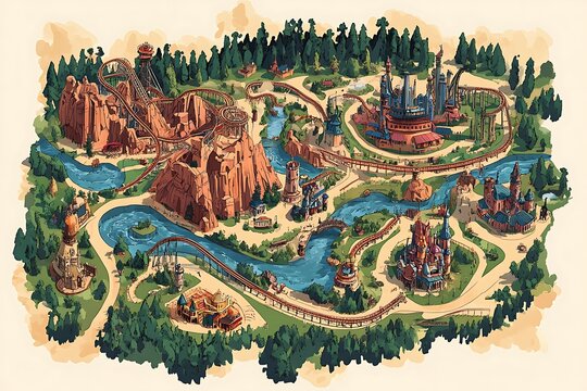 Hand Drawn Cartoon Map of Theme Park with Rollercoasters, Rides, and Castles