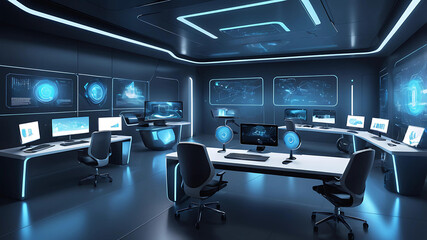 futuristic image of a high-tech workspace with virtual reality equipment, multiple monitors displaying digital graphics, and a minimalist design aesthetic. glowing blue lights holographic displays