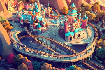 Fantasy amusement park with rollercoaster and colorful buildings.  A digital illustration with playful style.