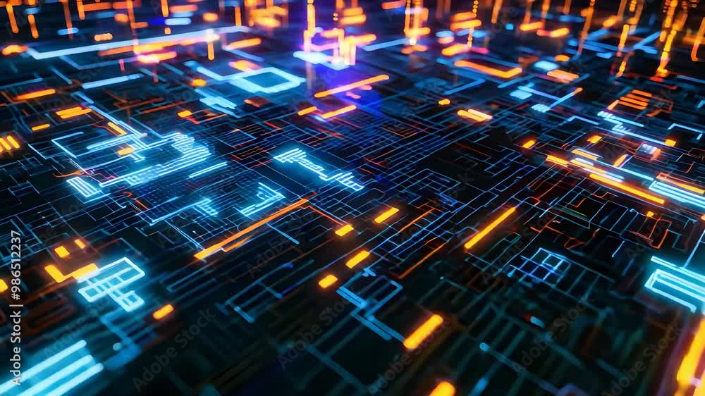 Poster futuristic digital circuit board with glowing blue and orange lines representing advanced technology