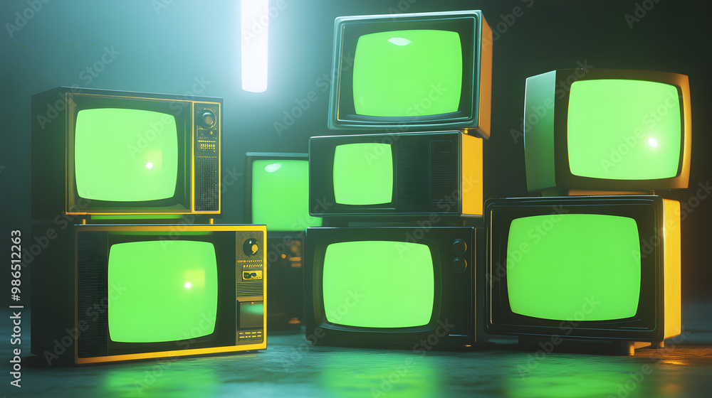 Poster artistic 3d rendered composition stack old classic television with green screen monitors random posi