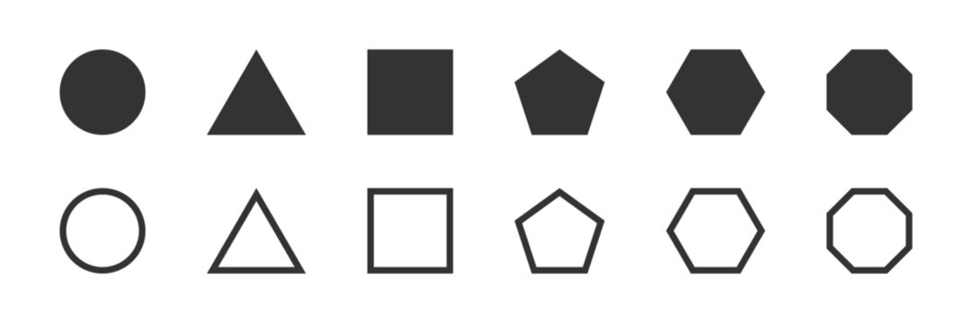 Basic geometric figures in both filled and outlined shapes isolated elements. Vector icons in flat style