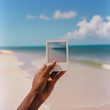 Mano de tez morena agarrando polaroid en la playa