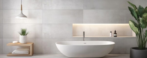Fototapeta premium Concrete-look tiles in a neutral minimalist bathroom, minimalist bathroom tiles, industrial chic