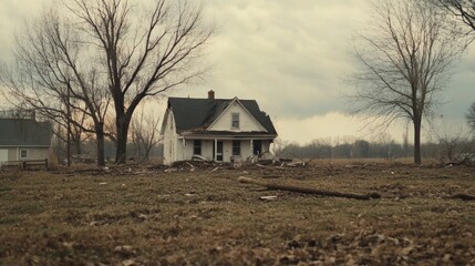 Fototapeta premium Abandoned house surrounded by debris in a desolate area under a cloudy sky during early evening
