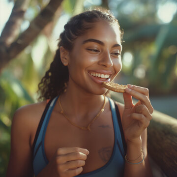 Mujer sonriente comiendo galleta