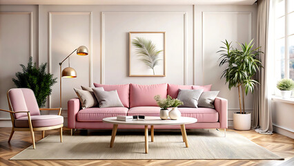 Obraz premium Home interior mock-up with pink sofa, table and decor in living room, 3d render, white Mock up frame