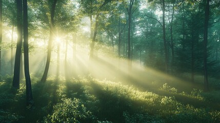 Obraz premium Sunbeams Illuminating a Misty Forest Clearing