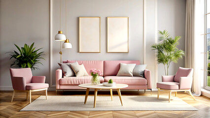 Fototapeta premium Home interior mock-up with pink sofa, table and decor in living room, 3d render, white Mock up frame