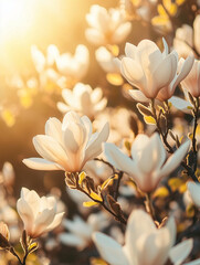 Radiant white magnolia flowers glowing in golden sunlight