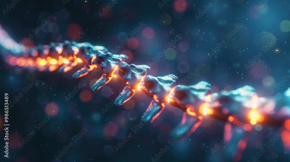 Poster spine structure illuminated with vibrant colors, showcasing a futuristic concept background features