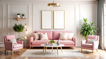 Home interior mock-up with pink sofa, table and decor in living room, 3d render, white Mock up frame