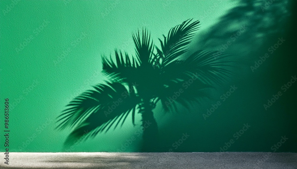 Poster palm tree casting shadows on a green wall background