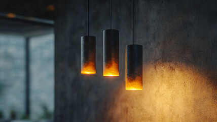 Obraz premium Three pendant lights in a dimly lit modern interior.