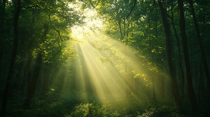 Obraz premium Sunbeams Illuminating a Misty Forest