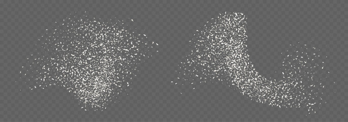 Coconut flakes, flying grated and desiccated coconut powder, dry scattered coco texture. Vector illustration.