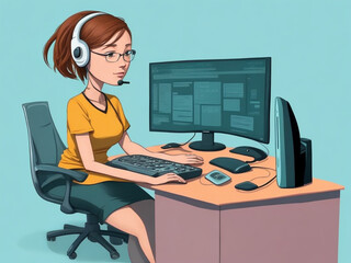 young woman call center employee sitting at a computer cartoon