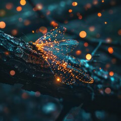 A glowing insect with intricate wings sits on a branch. AI.