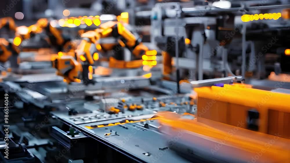 Poster automated industrial production line with robotic arms in a high-tech manufacturing facility showcas