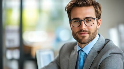 A confident young businessman smiles while seated in a modern office during daytime showcasing professionalism and approachability