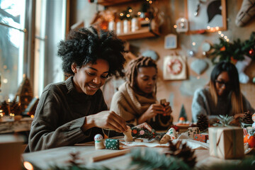 AI-generated photo with a young black woman creating homemade gifts and Christmas decorations. On a cozy Christmas background with lights