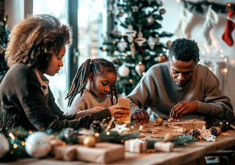 Fototapeta premium AI-generated photo with a family creates homemade gifts and Christmas decorations. Black people. On a cozy home background in front of a Christmas tree and lights