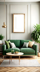 Home interior mock-up with green sofa, table and decor in living room, 3d render, white Mock up frame