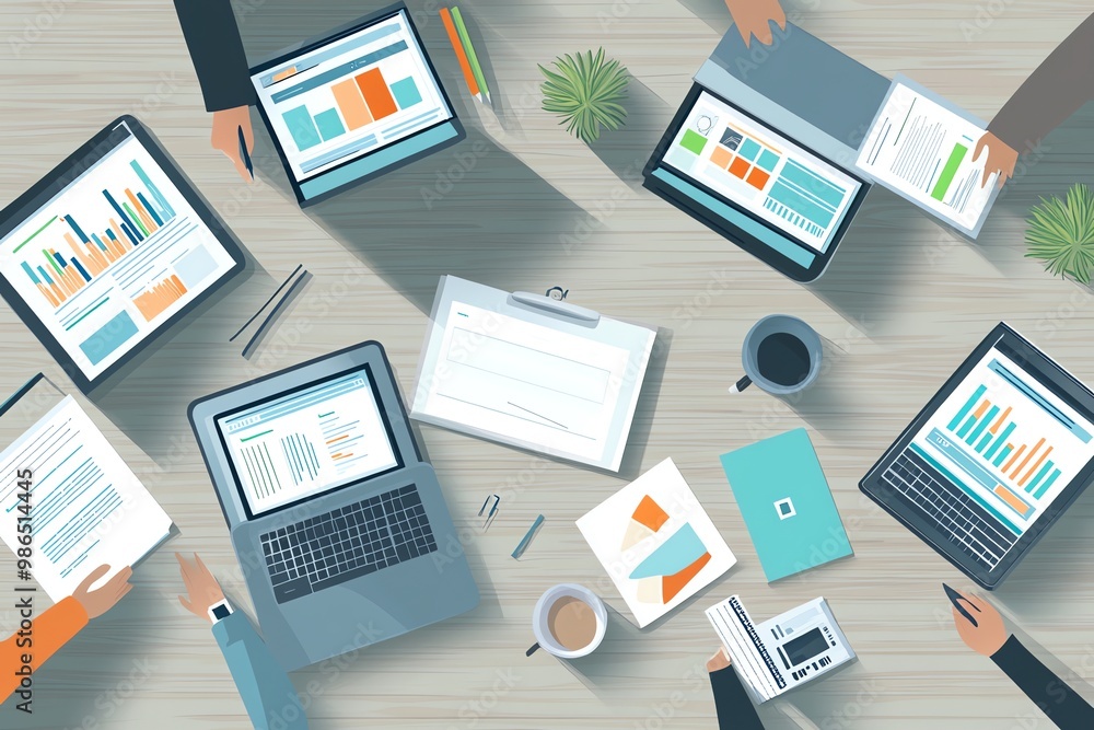 Poster a bird's eye view of a busy workplace with spreadsheets and data analysis