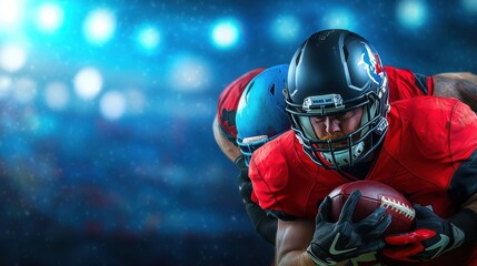 American Football Player in Red Jersey Running with Ball in Dust Cloud