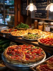 Fototapeta premium A delicious pizza with pepperoni and cherry tomatoes. AI.