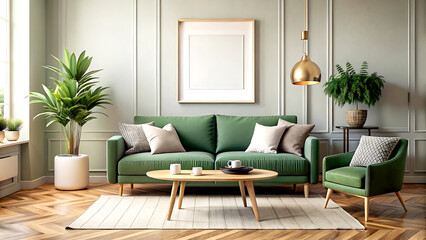 Home interior mock-up with green sofa, table and decor in living room, 3d render, white Mock up frame