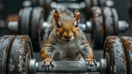A squirrel lifting weights. AI.