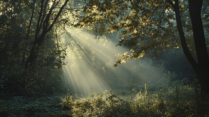 Obraz premium Sunbeams Breaking Through Foggy Forest Canopy