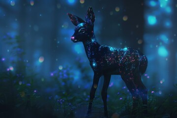 A deer stands in a forest with glowing lights around it. AI.
