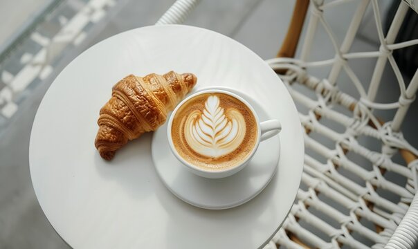 fresh delicious baked french croissant with cappuccino or latte coffee cup with milk foam