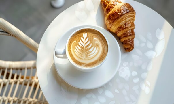 fresh delicious baked french croissant with cappuccino or latte coffee cup with milk foam