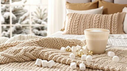 an oversized knitted blanket, adorned with white and brown yarns