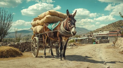 donkey pulling a wooden cart in a sunny mexican village, bags of grain on the cart, with cinematic natural lighting and rural, traditional vibes captured in high-resolution photography