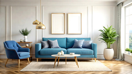 Home interior mock-up with blue sofa, table and decor in living room, 3d render, white Mock up frame
