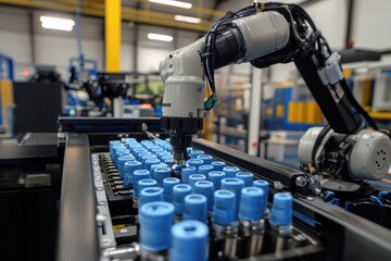 Fototapeta premium Industrial Robotic Arm Assembling Blue Cylindrical Parts on Conveyor Belt