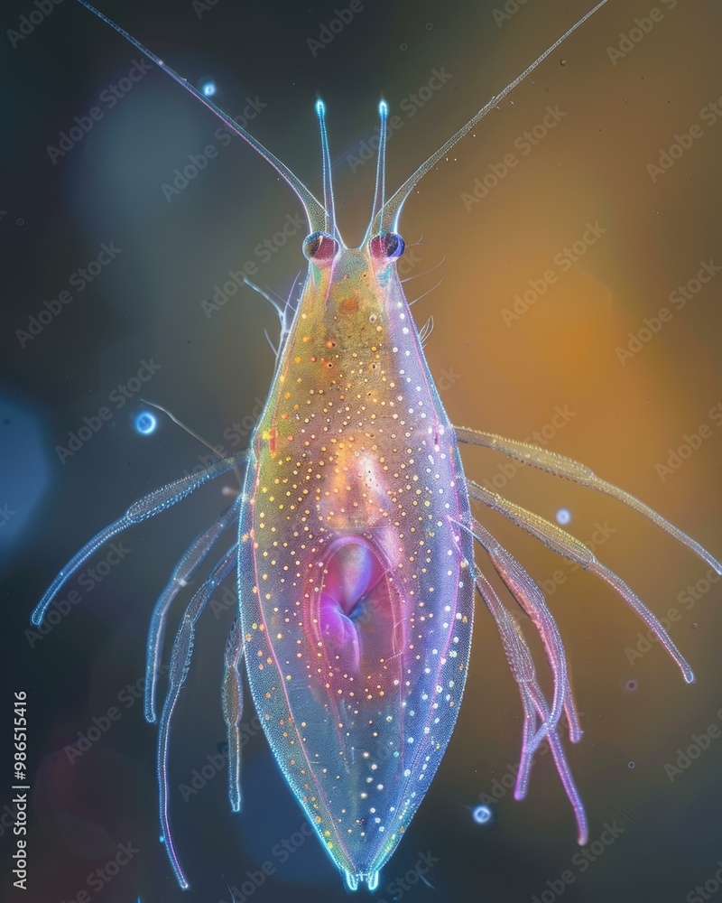 Poster a microscopic view of a translucent creature with intricate details. ai.