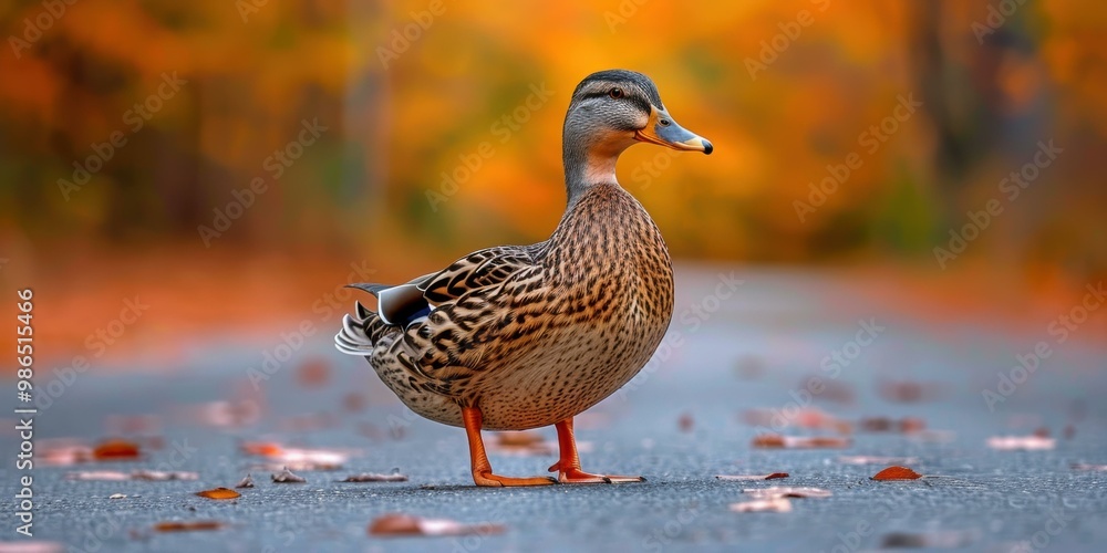 Poster a duck stands on a path with autumn leaves around it. ai.