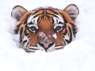 Obraz premium A tiger peeks out from the snow, its orange and black stripes contrasting against the white.