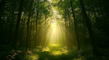 Fototapeta premium Sunbeams Streaming Through a Dense Forest Canopy