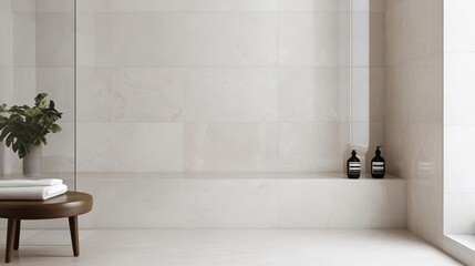 Marble tiles with a matte finish and subtle veining in a minimalist shower, minimalist bathroom tiles, luxury modern