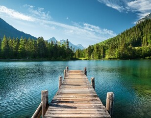 Serene mountain lake with wooden pier