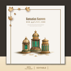 Islamic greetings ramadan kareem card design template with beautiful gold lantern